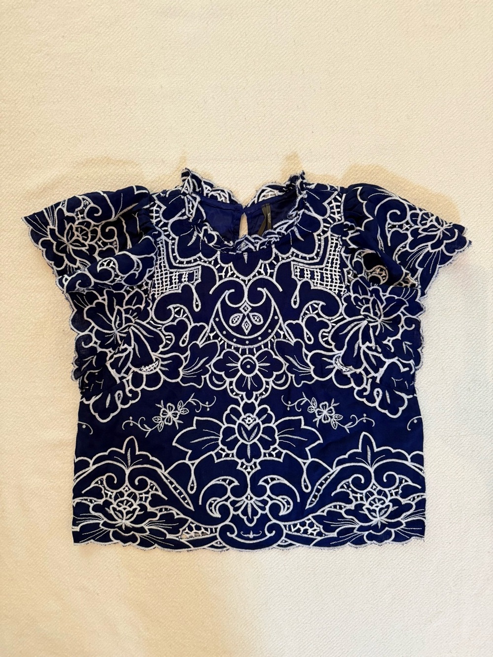 Anthropologie Navy Blue Floral Embroidered Short Sleeve Top